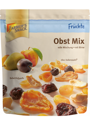 Freigestellte Verpackung von Obst Mix 200g mit Farmer's Snack Logo, ohne Zuckerzusatz-Kennzeichnung