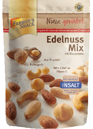 Freigestellte Verpackung von Edelnuss Mix InSalt mit Macadamia 150g mit Farmer's Snack Logo, Vegan-Kennzeichnung, Insalt- und DLG-Logo
