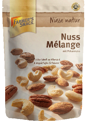 Freigestellte Verpackung von Nuss Mélange mit Pekannuss 150g mit Farmer's Snack Logo