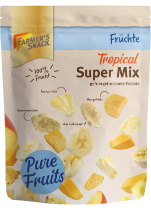 Gefriergetrocknete Mango, Ananas, Banane im Super Mix in freigestellter Verpackung mit 100% Frucht-Kennzeichnung und Farmer's Snack Logo.