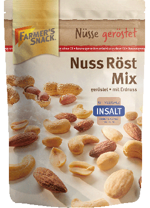 Freigestellte Verpackung von Nuss Röst Mix InSalt mit Erdnuss 150g mit Farmer's Snack Logo und Insalt-Logo 