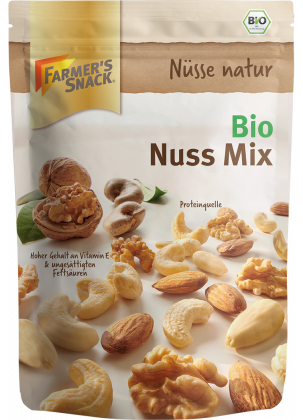 Freigestellte Verpackung von Bio Nuss Mix 150g mit Farmer's Snack Logo und Bio-Siegel