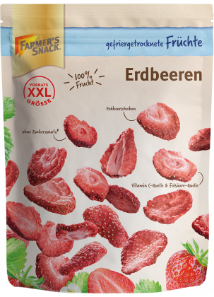 Gefriergetrocknete Erdbeerscheiben in freigestellter Verpackung mit Farmer's Snack Logo, XXL- und 100% Frucht-Kennzeichnung.