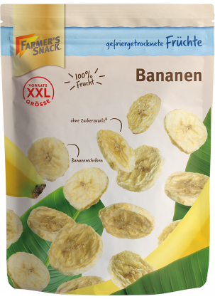 Gefriergetrocknete Bananenscheiben in freigestellter Verpackung mit XXL- und 100% Frucht-Kennzeichnung.