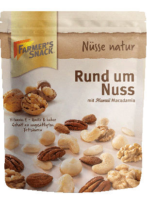 Freigestellte Farmer's Snack Verpackung mit einer Vegan-Kennzeichnung mit dem Titel Rund um Nuss mit Hawaii Macadamias