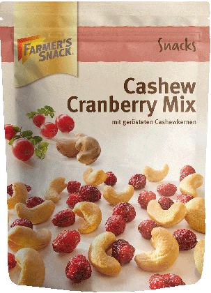 Freigestellte Verpackung von Cashew Cranberry Mix 175g mit Farmer's Snack Logo und Vegan-Kennzeichnung