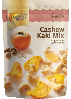 Freigestellte Verpackung von Cashew Kaki Mix 150g mit Farmer's Snack Logo, und Vegan-Kennzeichnung