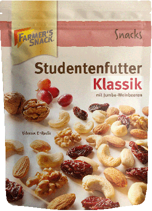 Freigestellte Verpackung von Studentenfutter Klassik, geröstet 150g mit Farmer's Snack Logo