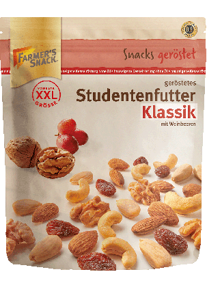 Freigestellte Verpackung von Studentenfutter Klassik, geröstet 125g mit Farmer's Snack Logo, Neu-Störer und Vegan-Kennzeichnung