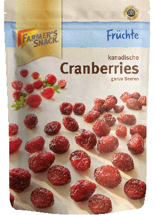 Freigestellte Verpackung von getrockneten Cranberries 200g mit Farmer's Snack Logo und DLG-Logo 