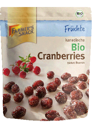 Freigestellte Verpackung von getrockneten Bio Cranberries 100g mit Farmer's Snack Logo und Bio-Siegel