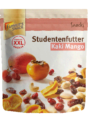 Freigestellte Verpackung von Studentenfutter Kaki Mango 300g mit Farmer's Snack Logo, XXL- und Vegan-Kennzeichnung