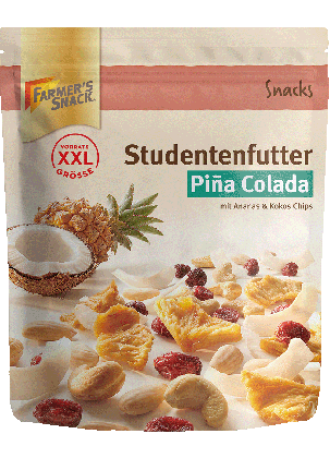 Freigestellte Verpackung von Studentenfutter Piña Colada 100g mit Farmer's Snack Logo und Vegan-Kennzeichnung
