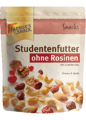 Freigestellte Verpackung von Studentenfutter ohne Rosinen mit Farmer's Snack Logo und Vegan-Kennzeichnung