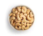 Roasted and salted cashews in white bowl