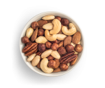 Roasted nut mixture consisting of blanched almonds, natural brown almonds, hazelnuts, pecans and cashews, presented as a freestanding white bowl.