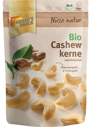 Bolsa con base de 150g de anacardos ecológicos con el logotipo de Farmer's Snack, etiquetado vegano y sello ecológico