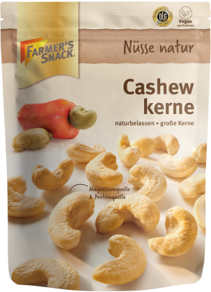 Bolsa con base de anacardos naturales 175 g con el logotipo Farmer's Snack, el logotipo de la DLG y etiquetado vegano