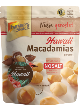 Bolsa con base de macadamias hawaianas tostadas NoSalt con el logotipo Farmer's Snack, etiquetado vegano