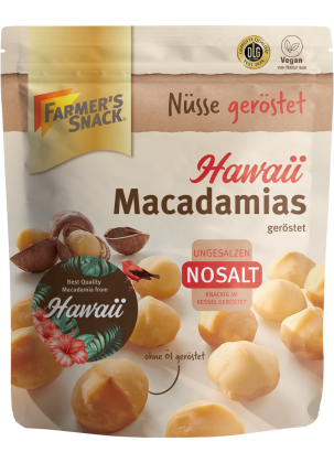 Exempted packaging of roasted Hawaiian macadamias with Farmer's Snack logo, vegan label and DLG logo 