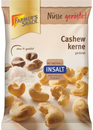 Freestanding packaging of cashew nuts InSalt 125g with Farmer's Snack logo, Insalt and DLG logo