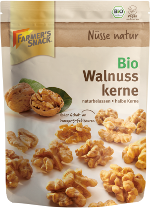 Bolsa con base de 110 g de nueces ecológicas con el logotipo de Farmer's Snack y el sello vegano y ecológico