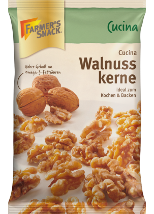 Bolsa con base de nueces Cucina 200g con el logotipo de Farmer's Snack y etiquetado vegano