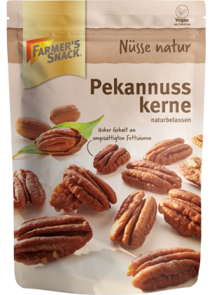 Bolsa con base de 125 g con el logotipo de Farmer's Snack y etiquetado vegano