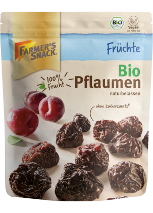 Bolsa con base de ciruelas deshidratadas ecológicas de 150 g con el logotipo de Farmer's Snack, etiquetado vegano y ecológico
