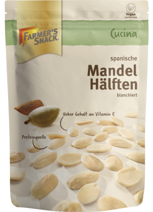 Freigestellte Verpackung von Cucina spanische Mandel Hälften blanchiert mit Vegan-Kennzeichnung
