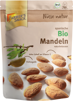 Bolsa con base de almendras ecológicas españolas naturales con sello ecológico y etiquetado vegano