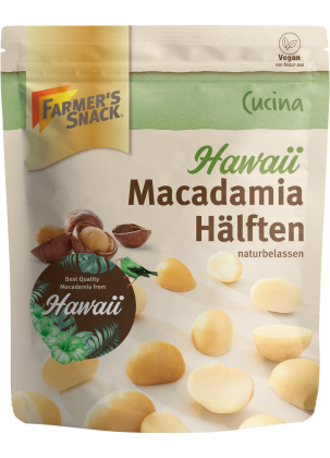 Bolsa con base de macadamia en mitades de Hawái natural con etiquetado vegano y "Best Quality Macadamia from Hawaii"