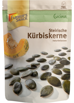 Freestanding packaging of Styrian pumpkin seeds 200g with Farmer's Snack logo and vegan label