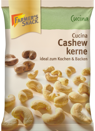Freestanding packaging of Cucina cashew nuts 100g with Farmer's Snack logo