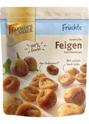 Bolsa con base de higos deshidratados de 200 g con el logotipo Farmer's Snack, 100% fruta y etiquetado vegano