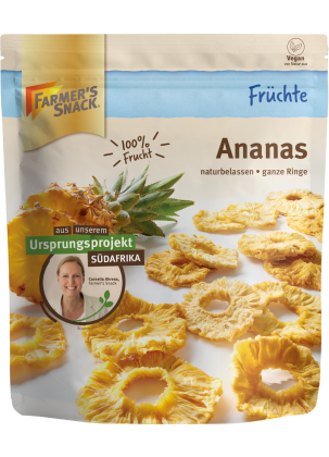 Freestanding packaging for pineapple 120g with Farmer's Snack logo, vegan label and origin project insert.