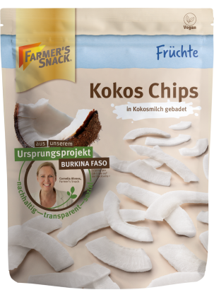 Exempted packaging of coconut chips 100g with Farmer's Snack logo and vegan labeling