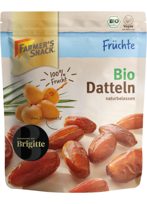 Freestanding packaging for dried organic dates, 130 g, with Farmer's Snack logo, organic seal and vegan label
