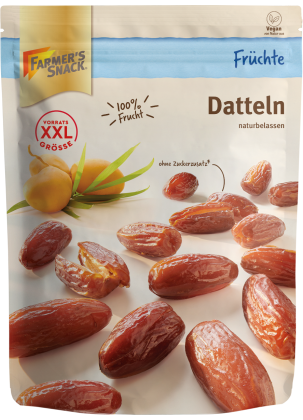 Bolsa con base de dátiles deshidratados 500 g con el logotipo Farmer's Snack, XXL y etiquetado vegano