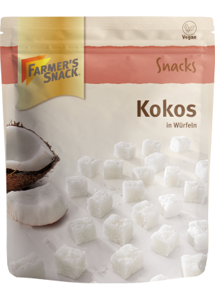Opakowanie kokosa w kostkach 100 g z logo Farmer's Snack i etykietą wegańską