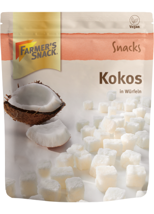 Freestanding packaging of coconut cubes, 100 g, with Farmer's Snack logo and vegan label