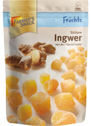 Bolsa con base de 200 g de jengibre con el logotipo de Farmer's Snack y etiquetado vegano