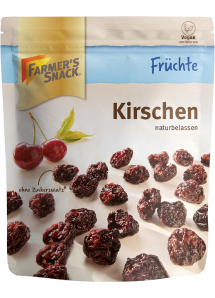 Freigestellte Verpackung von Kirschen naturbelassen mit Farmer's Snack Logo und Vegan-Kennzeichnung