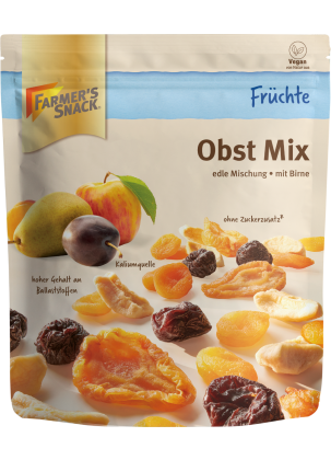 Bolsa con base de 200 g con mezcla de frutas deshidratadas con el logotipo Farmer's Snack, sin azúcares añadidos y etiquetado vegano