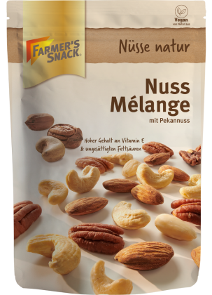 Opakowanie melanżu orzechowego z orzechami pekan 150 g z logo Farmer's Snack i etykietą wegańską