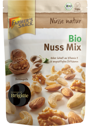 Bolsa con base de 150 g de Mezcla de Frutos Secos Ecológicos con el logotipo de Farmer's Snack, etiquetado vegano y sello ecológico