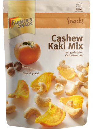 Freestanding packaging for Cashew Kaki Mix 150g with Farmer's Snack logo and vegan label
