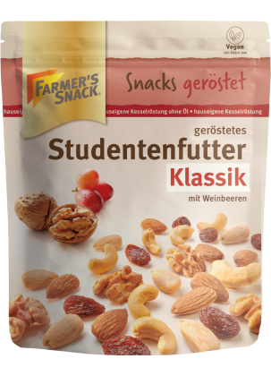 Bolsa con base de Mezcla de frutos secos clásica, tostado 125g con el logotipo de Farmer's Snack, con etiquetado vegano