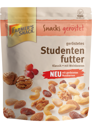 Freestanding packaging for Classic Trail Mix, roasted, 150 g, with Farmer's Snack logo, Neustörer and vegan label