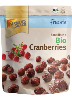 Freestanding packaging for dried organic cranberries, 100 g, with Farmer's Snack logo, organic seal and vegan label